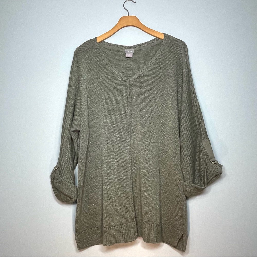 CHICO'S Sage Green V-Neck Sweater Gold Shimmer Roll-Tab Sleeve Size Large (2)